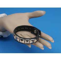 Leather wrap, bracelet, black faux leather and studs, adjustable dome closure