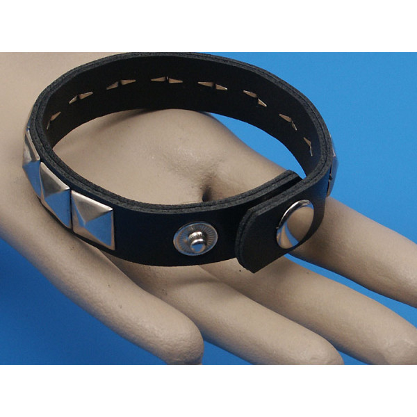 Leather wrap, bracelet, black faux leather and studs, adjustable dome closure