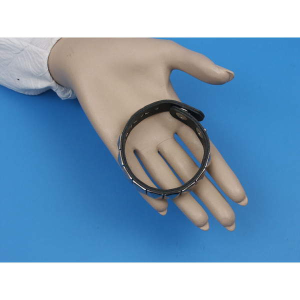 Leather wrap, bracelet, black faux leather and studs, adjustable dome closure