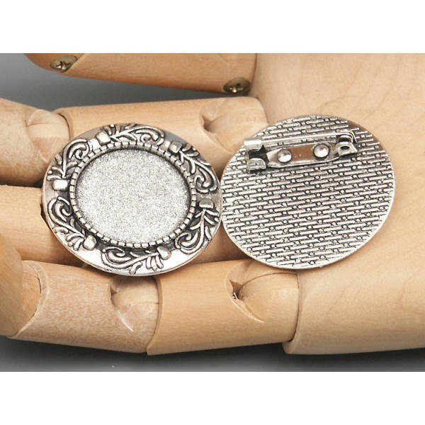 20mm round bezel setting, with Brooch pin, vintage fancy style, ant. silver
