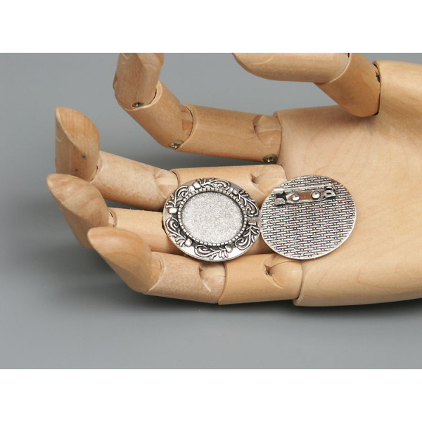 20mm round bezel setting, with Brooch pin, vintage fancy style, ant. silver