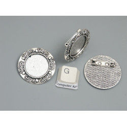 20mm round bezel setting, with Brooch pin, vintage fancy style, ant. silver