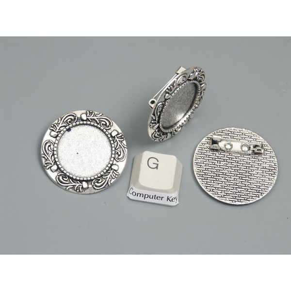 20mm round bezel setting, with Brooch pin, vintage fancy style, ant. silver