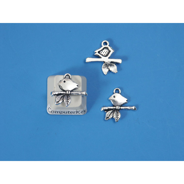 Little Bird on a branch charm, antiqued silver, bag of 20