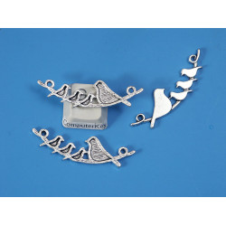 Bird family charm, two loops, antiqued silver, each