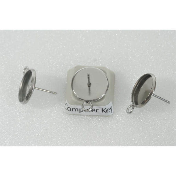 Stud bezel earring finding with loop, 12mm setting, stainless steel, pair