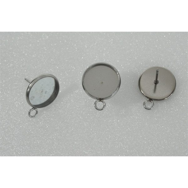 Stud bezel earring finding with loop, 12mm setting, stainless steel, pair