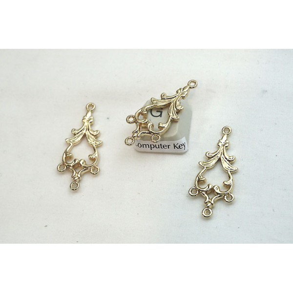 Filigree Chandelier, Fancy Leaf Connector, Three Loops, gold plated, 34x15mm