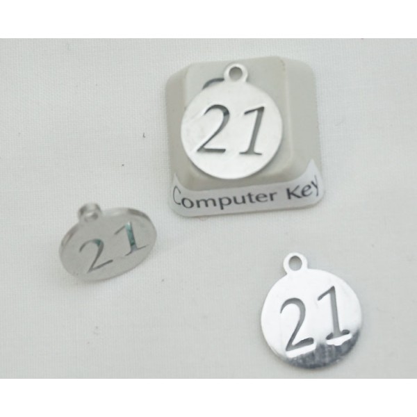 201 stainless steel Charm, flat round with number 21, 12mm diameter