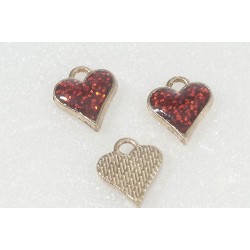 Charm, Red Glitter Heart, 10x12mm, light gold colour