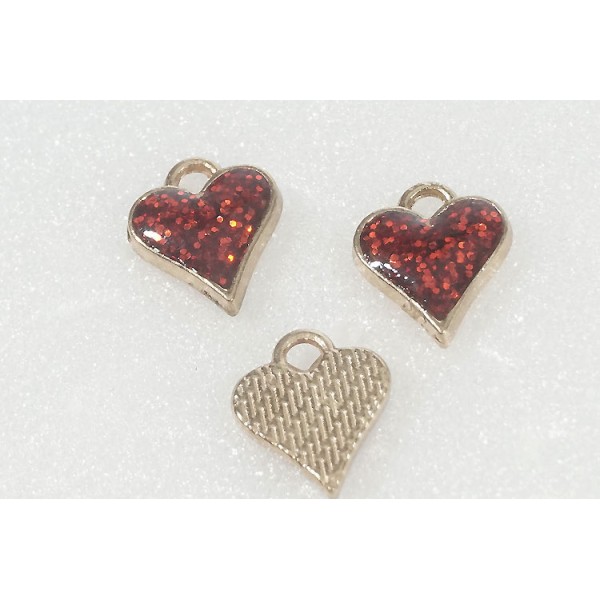 Charm, Red Glitter Heart, 10x12mm, light gold colour