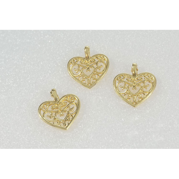 Filigree heart pendant / charm, sideways loop,16x14mm, gold colour