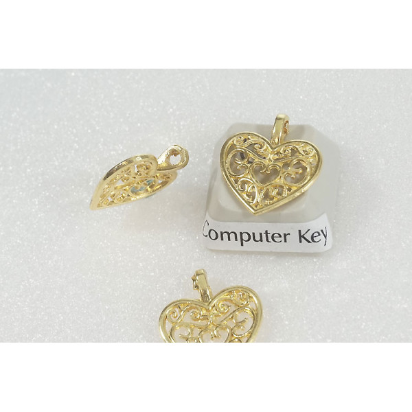 Filigree heart pendant / charm, sideways loop,16x14mm, gold colour