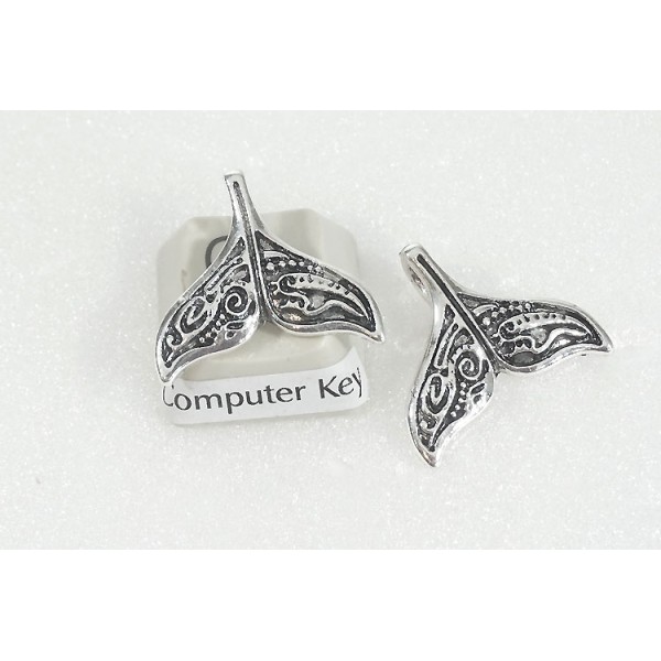 Whale Tail charm/pendant, 17x20mm, antiqued silver plate