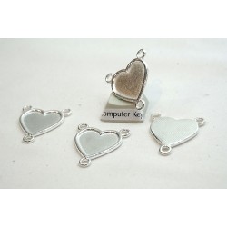 Heart connector, 3 loops, silver plate, 26mm
