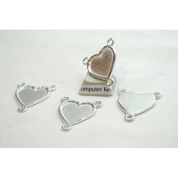 Heart connector, 3 loops, silver plate, 26mm