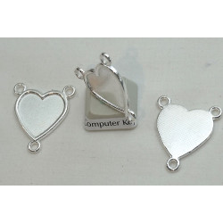 Heart connector, 3 loops, silver plate, 26mm