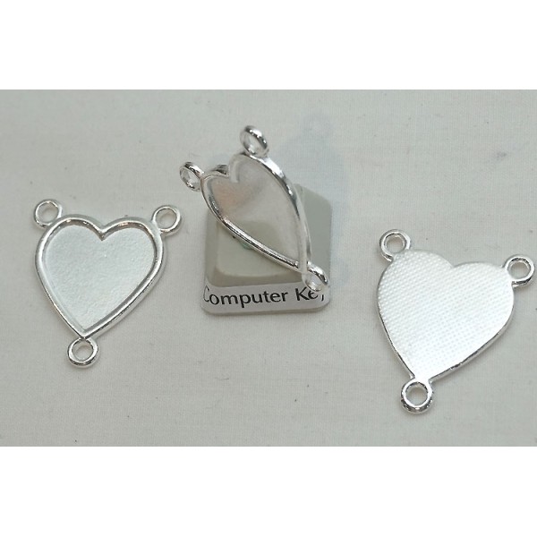 Heart connector, 3 loops, silver plate, 26mm