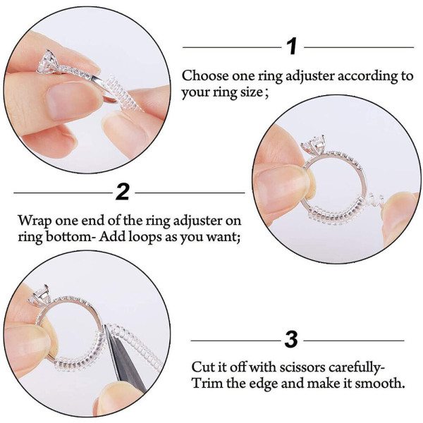 Ring size adjuster spiral, ring wrap insert to reduce ring size, set