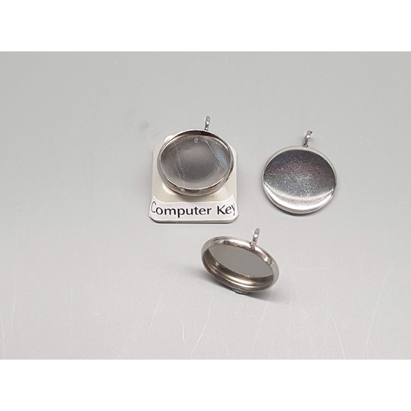 14mm Cabochon bezel setting, round, 1 loop sideways facing, stainless steel
