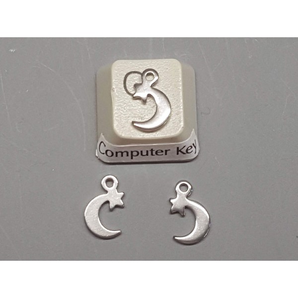 Charm, flat moon with stars, stainless steel, 7x11mm, per 10