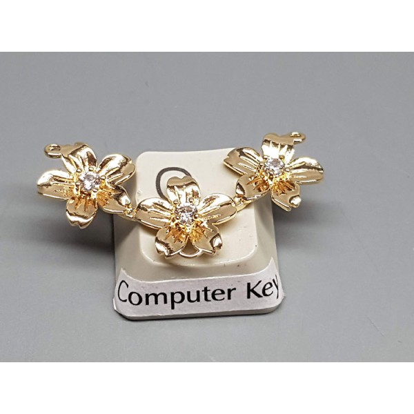 Frangipane flower, 3-flower connector pendant charm, 3 loops, 14ct gold plate