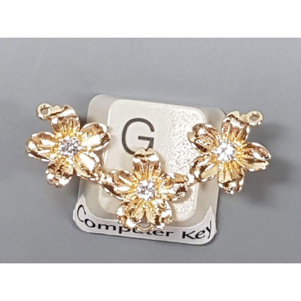 Frangipane flower, 3-flower connector pendant charm, 3 loops, 14ct gold plate