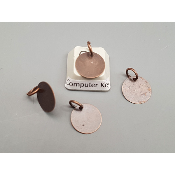 12mm round disc, copper colour, one hole with jump ring, each