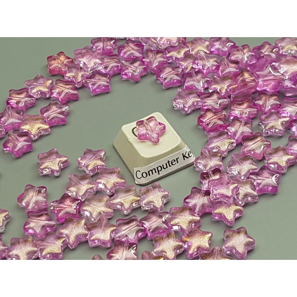 Glass Beads, Star shape with glitter, 8mm, Fuchsia Pink colour, bag of 100