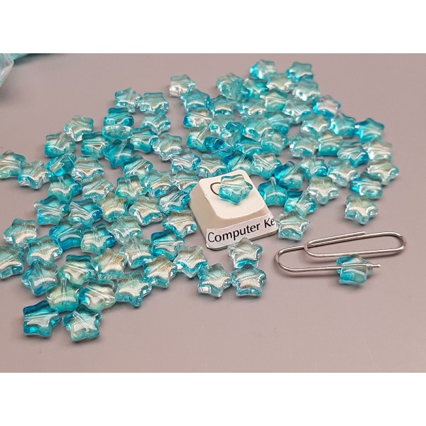 Glass Beads, Star shape with glitter, 8mm, Turquoise colour, bag of 100