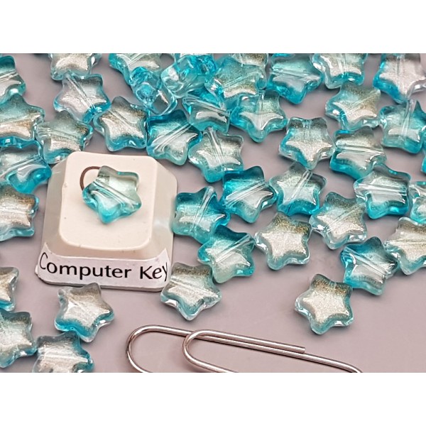 Glass Beads, Star shape with glitter, 8mm, Turquoise colour, bag of 100