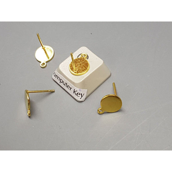 Post, Flat 8mm Round Pad with loop, Stainless Steel gold colour, per pair