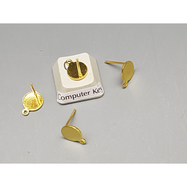 Post, Flat 8mm Round Pad with loop, Stainless Steel gold colour, per pair