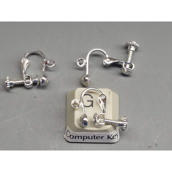 Vintage style Screw fitting Clip-on Earring with dome and loop, silver plate, pair
