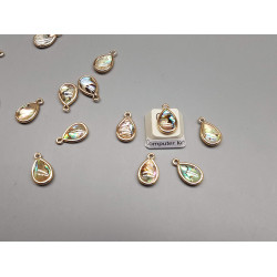 Paua shell charm, oval drop 15mm x 9mm, gold plate