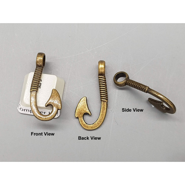 Fish Hook pendant, antiqued bronze, large hole