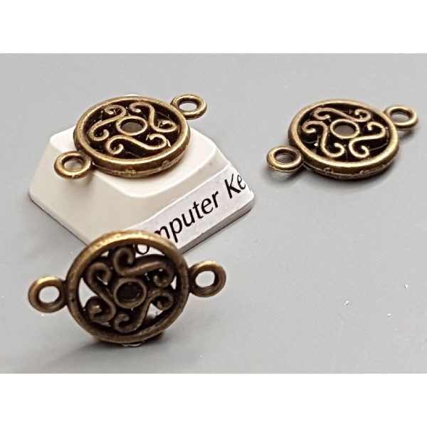 Connector, 2 loops, round with spirals, antiqued bronze
