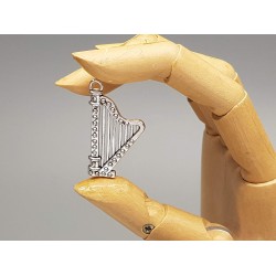 Music pendant / charm, Harp, antiqued silver plate