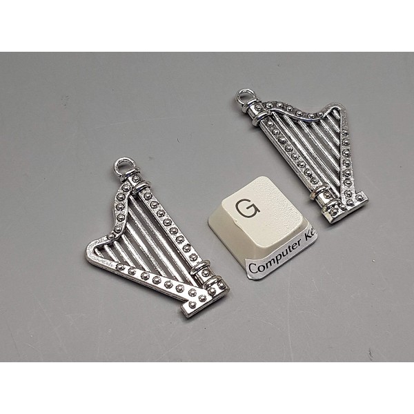 Music pendant / charm, Harp, antiqued silver plate