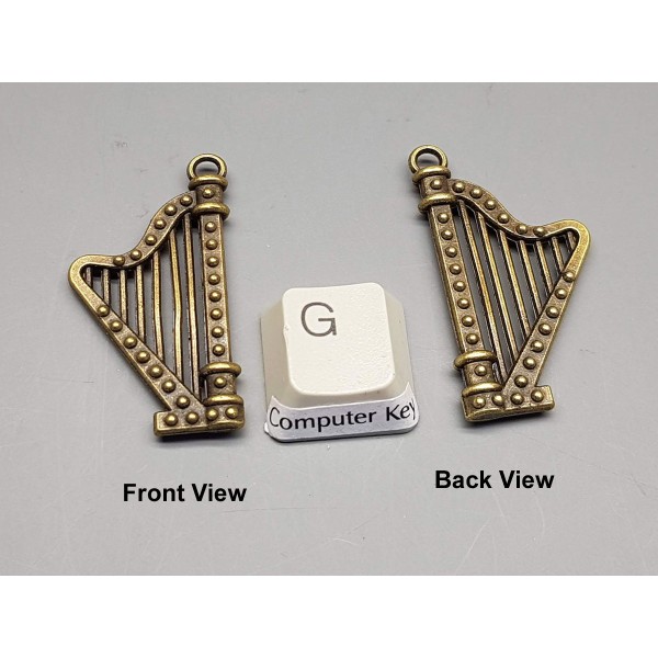 Music pendant / charm, Harp, antiqued bronze plate