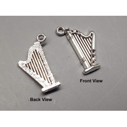 Music charm, small Harp, antiqued silver plate