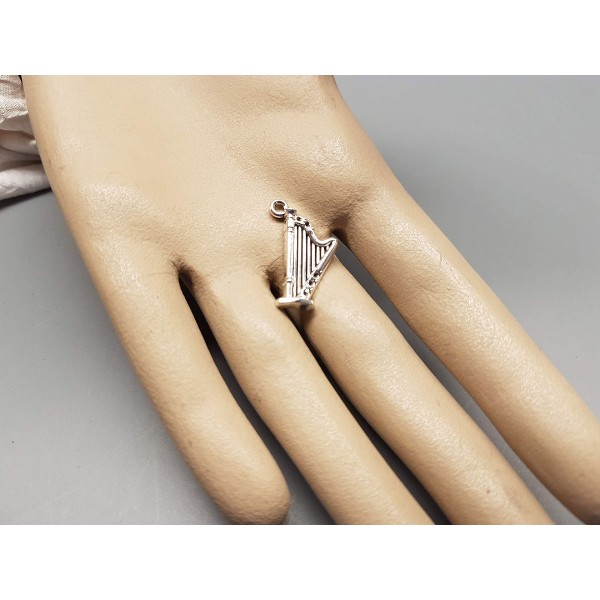 Music charm, small Harp, antiqued silver plate