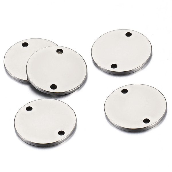 12mm round disc connector, nickel colour, two holes, each
