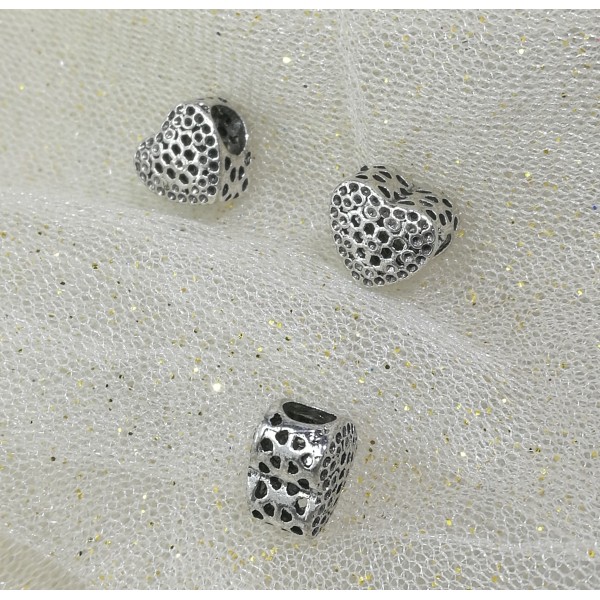Heart shaped Alloy European Bead, Antique Silver, Large Hole, Set of 3