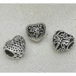 Heart shaped Alloy European Bead, Antique Silver, Large Hole, Set of 3