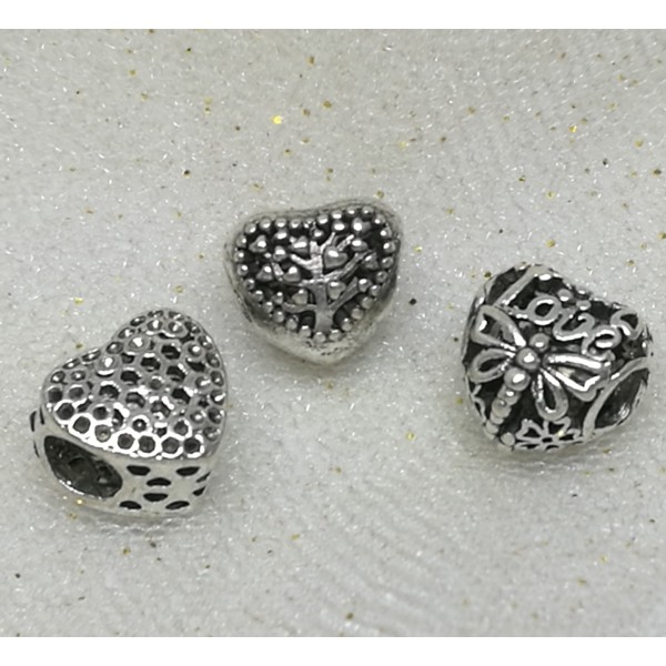 Heart shaped Alloy European Bead, Antique Silver, Large Hole, Set of 3