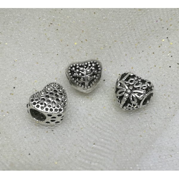 Heart shaped Alloy European Bead, Antique Silver, Large Hole, Set of 3