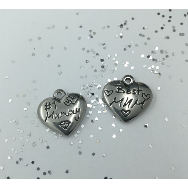 Pendant, Charm, heart with Mother theme, 316 stainless Steel