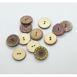 Wooden Mandala buttons, 20mm, round with 2 holes; Pack of 5