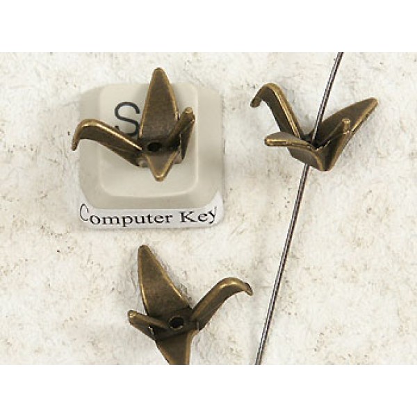 Origami Crane Bird Beads, antiqued bronze, 21mm, each